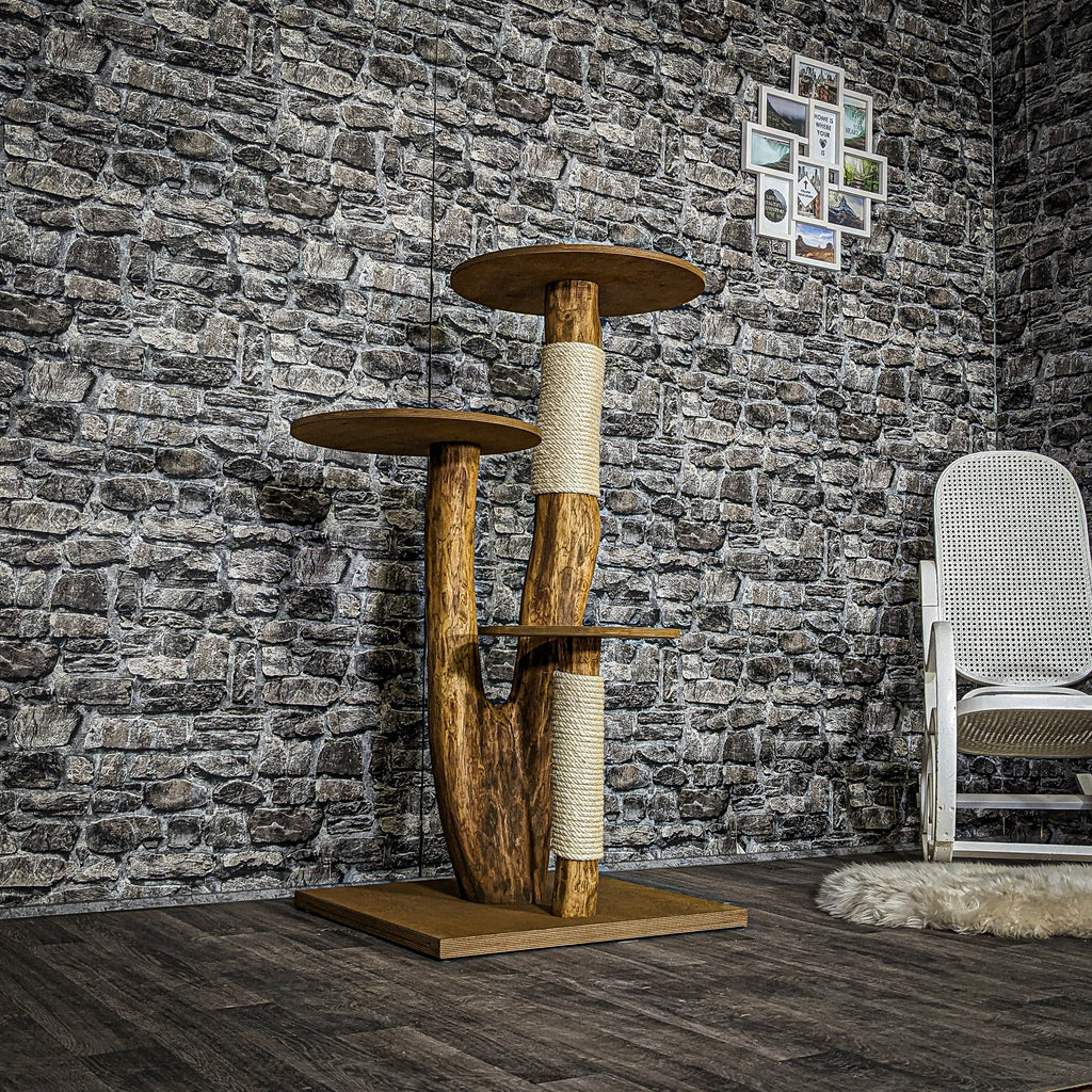 Kratzbaum Holz Massivholz Mit Wohnhöhle 73x44x109 Cm – XXL Katzenbaum  Boho-Design Mit Schlafplattform & Spielbällen Kratzbaum Mit Schlafplattform